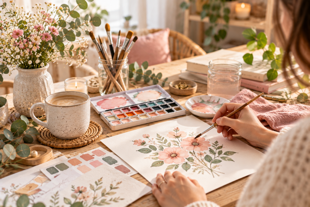 Hangulatos akvarellstudio viragfestessel